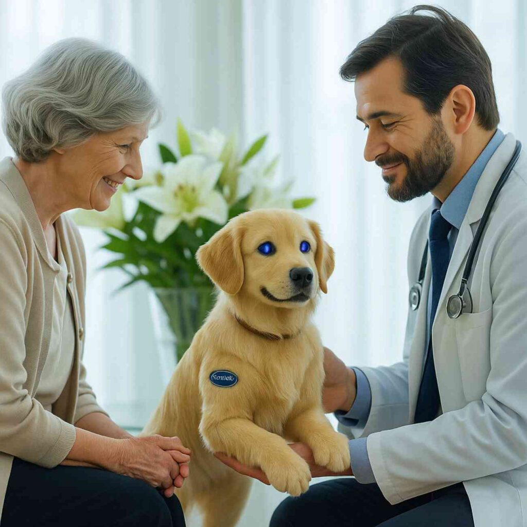 Un médecin en blouse blanche présente un petit chien robot recouvert de poils réalistes de labrador avec des yeux lumineux bleus à une patiente âgée souriante dans un cabinet médical lumineux.