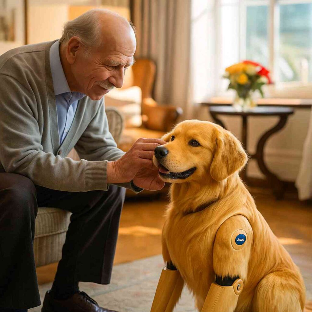Un homme âgé souriant caresse le museau d’un chien robot recouvert de poils dorés ressemblant à un labrador, assis dans un salon lumineux et bien ordonné.
