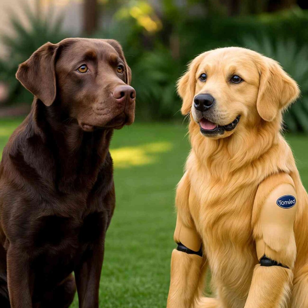 Un vrai labrador chocolat est assis dans l’herbe à côté d’un chien robot doré recouvert de poils réalistes, ressemblant à un labrador, avec des articulations mécaniques visibles.