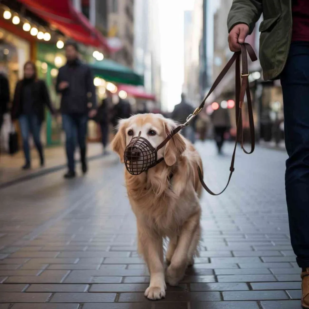 Chien muselé en promenade dans une rue fréquentée, outil de prévention et de sécurité