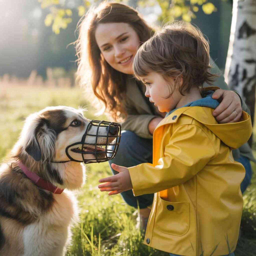 Maman expliquant la muselière à son enfant face à un chien muselé, moment pédagogique et rassurant