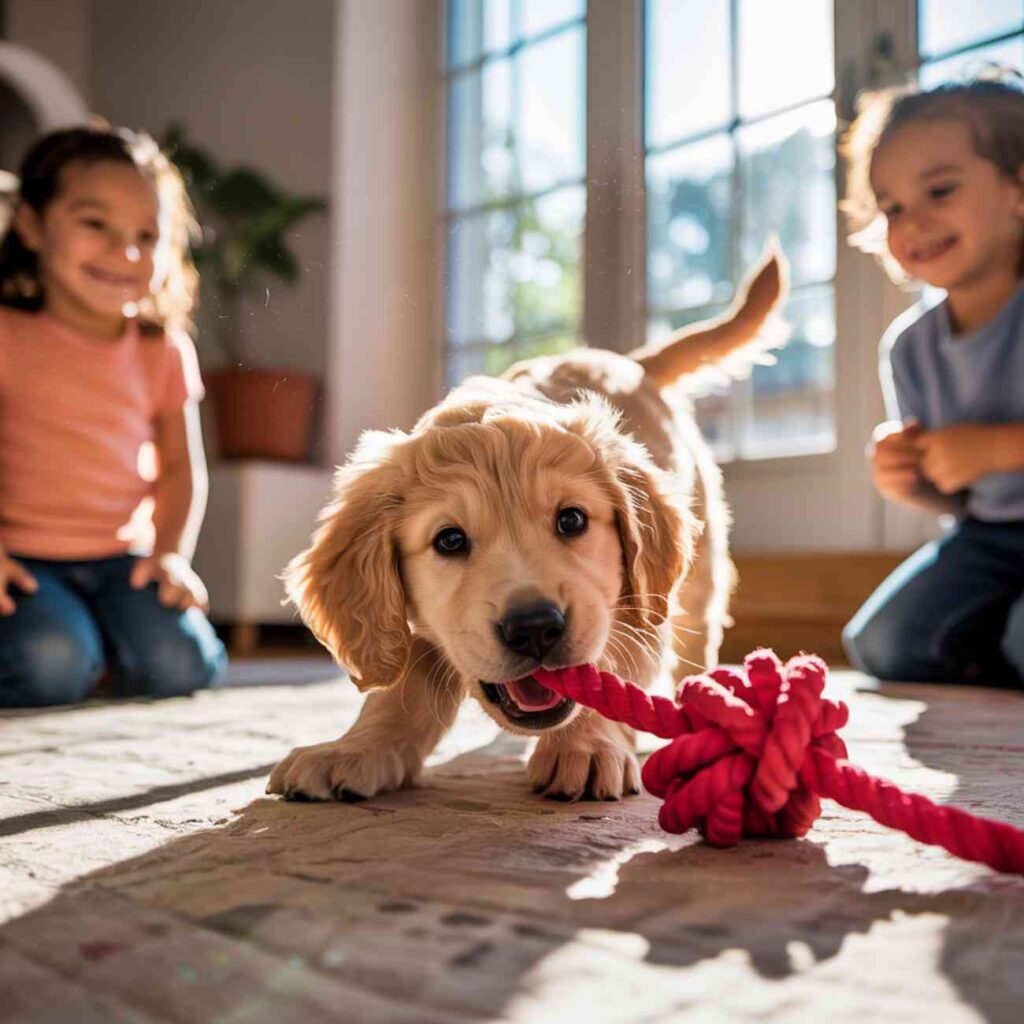 Chiot jouant avec un jouet interactif en corde, entouré d’enfants souriants