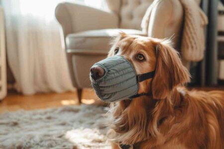 Chien portant une muselière douce dans un salon, illustration d’un outil de sécurité bienveillant