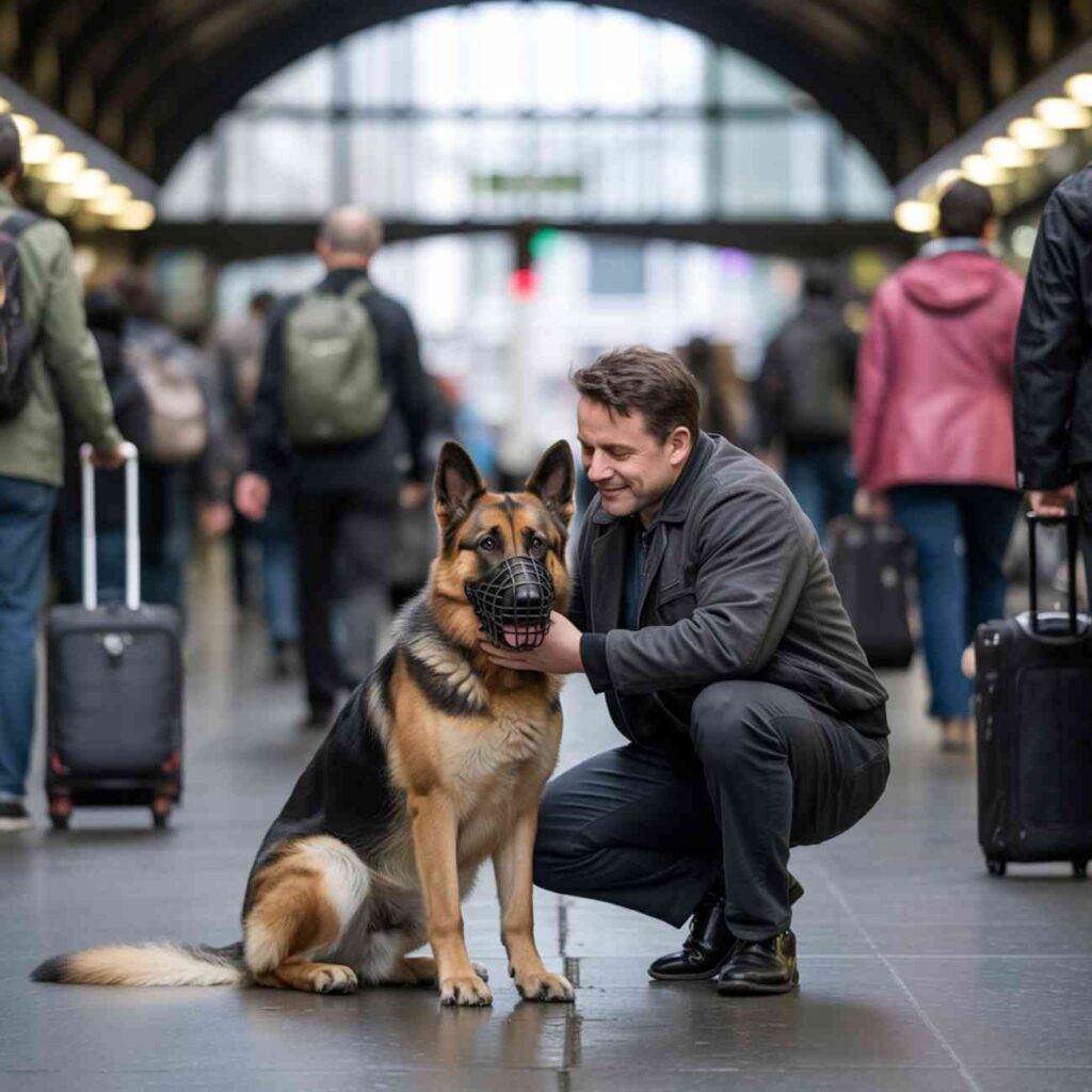 Chien muselé dans une gare animée, maître rassurant son animal en voyage