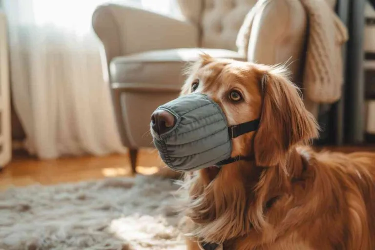 Chien portant une muselière douce dans un salon, illustration d’un outil de sécurité bienveillant