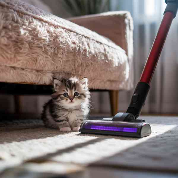 Chaton apeuré sous un canapé face à un aspirateur en marche.