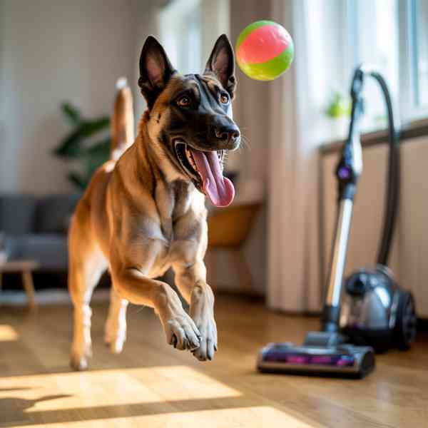 Chien qui joue avec une balle colorée devant un aspirateur en marche.