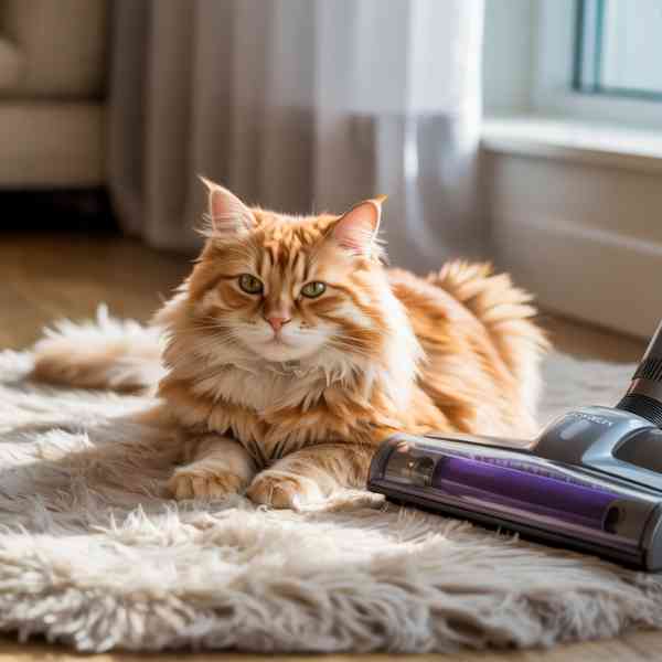 Chat roux détendu allongé sur un tapis à côté d’un aspirateur.