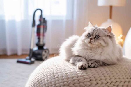 Chat détendu allongé sur un pouf avec un aspirateur en arrière-plan.