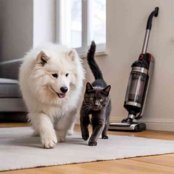 Chien et chat marchant côte à côte devant un aspirateur.