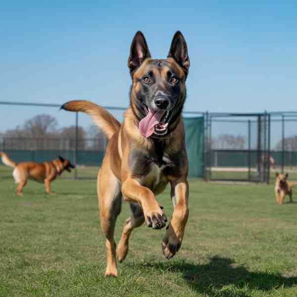 Berger malinois courant dans un parc canin clôturé, langue pendante.