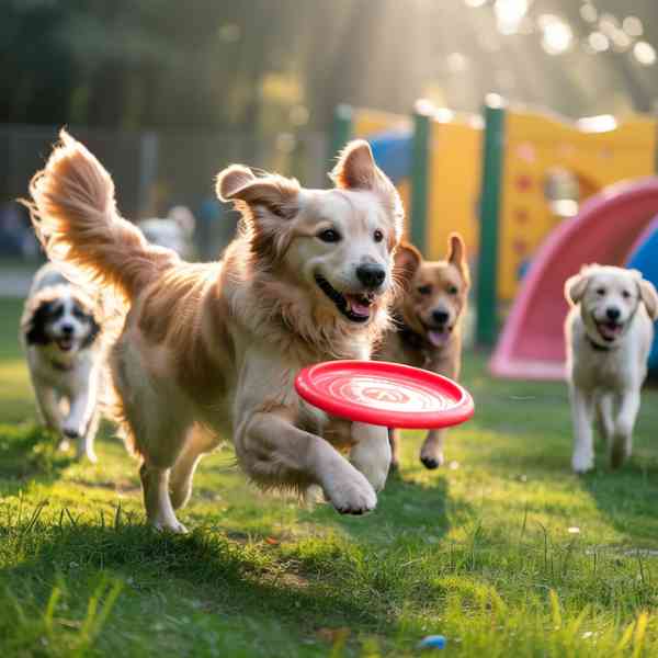 Chiens jouant ensemble avec un frisbee rouge dans un parc ensoleillé.