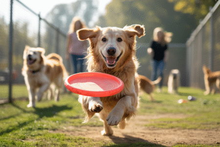 Chien courant dans un parc canin avec un frisbee rouge, entouré d’autres chiens et de leurs maîtres.