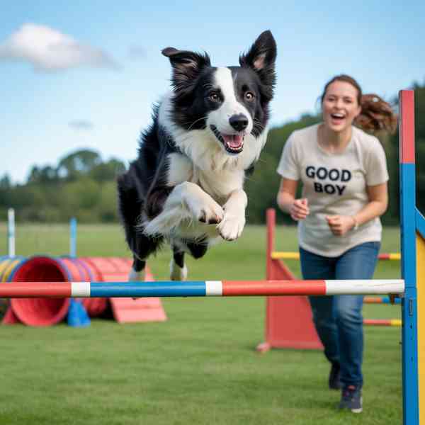 Border collie sautant un obstacle sur un parcours d’agilité avec sa maîtresse en arrière-plan.