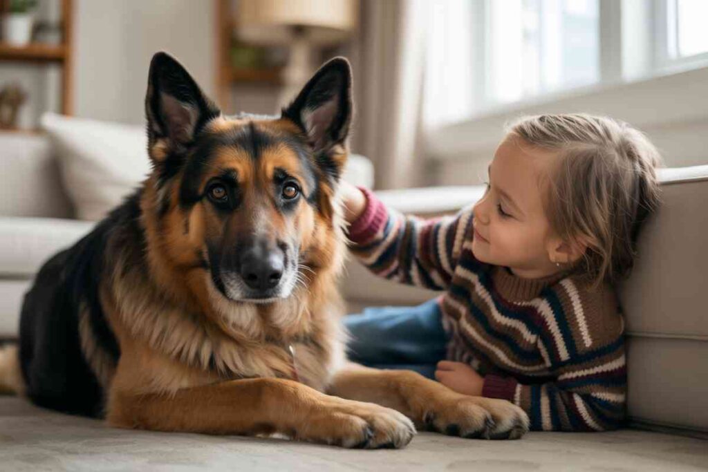 Petite fille souriante allongée près d’un grand chien type Berger Allemand, dans un salon lumineux