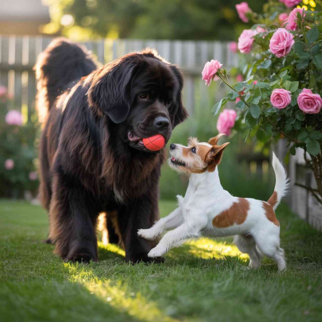 Un grand Terre-Neuve jouant avec un petit Jack Russell Terrier dans un jardin fleuri, avec une balle rouge