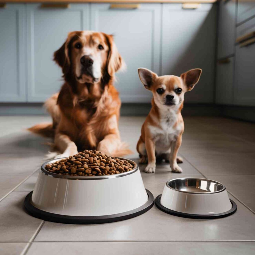 Un Golden Retriever et un Chihuahua devant deux gamelles de tailles très différentes, remplies de croquettes
