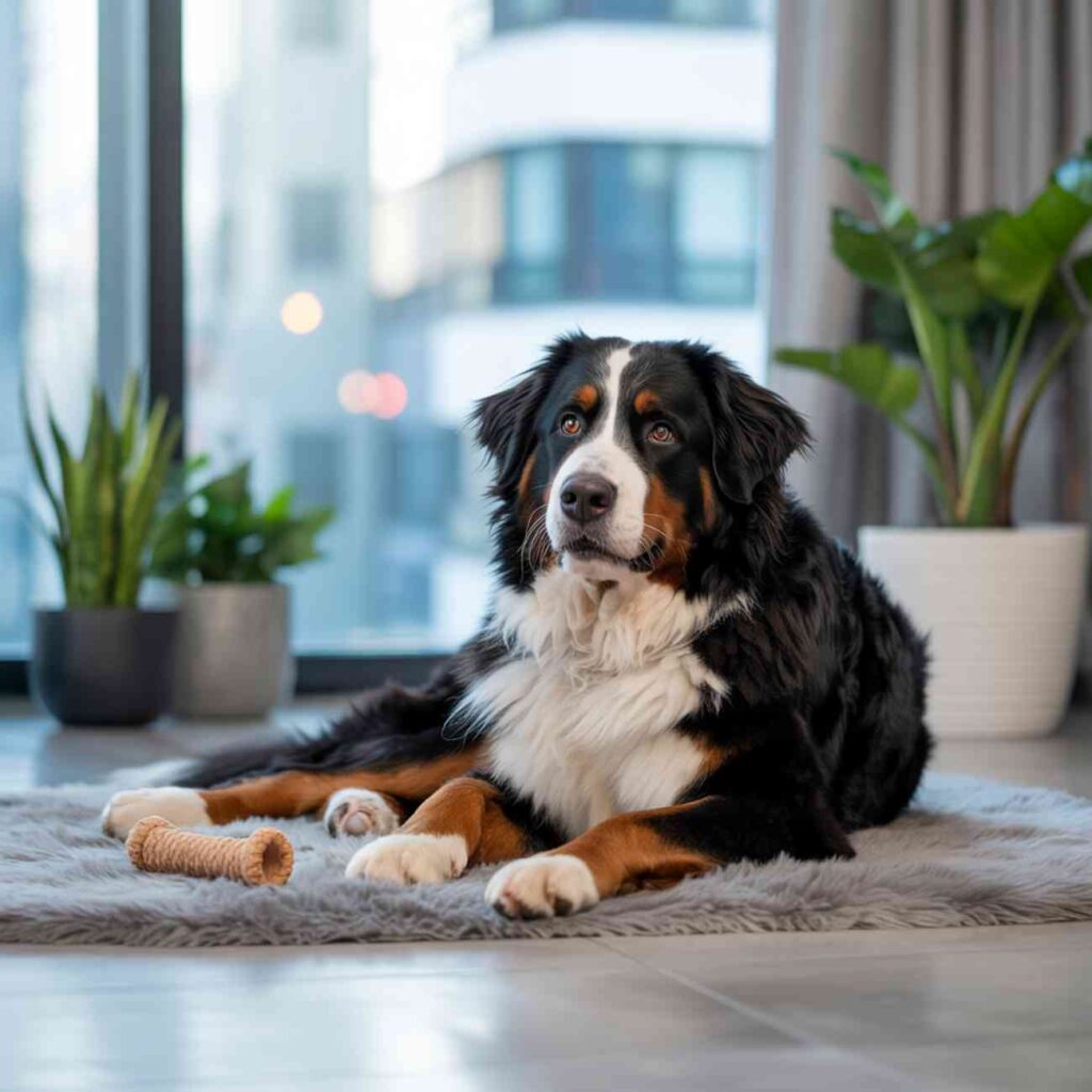 Un Bouvier Bernois allongé calmement sur un tapis moelleux dans un appartement lumineux avec des plantes en pot