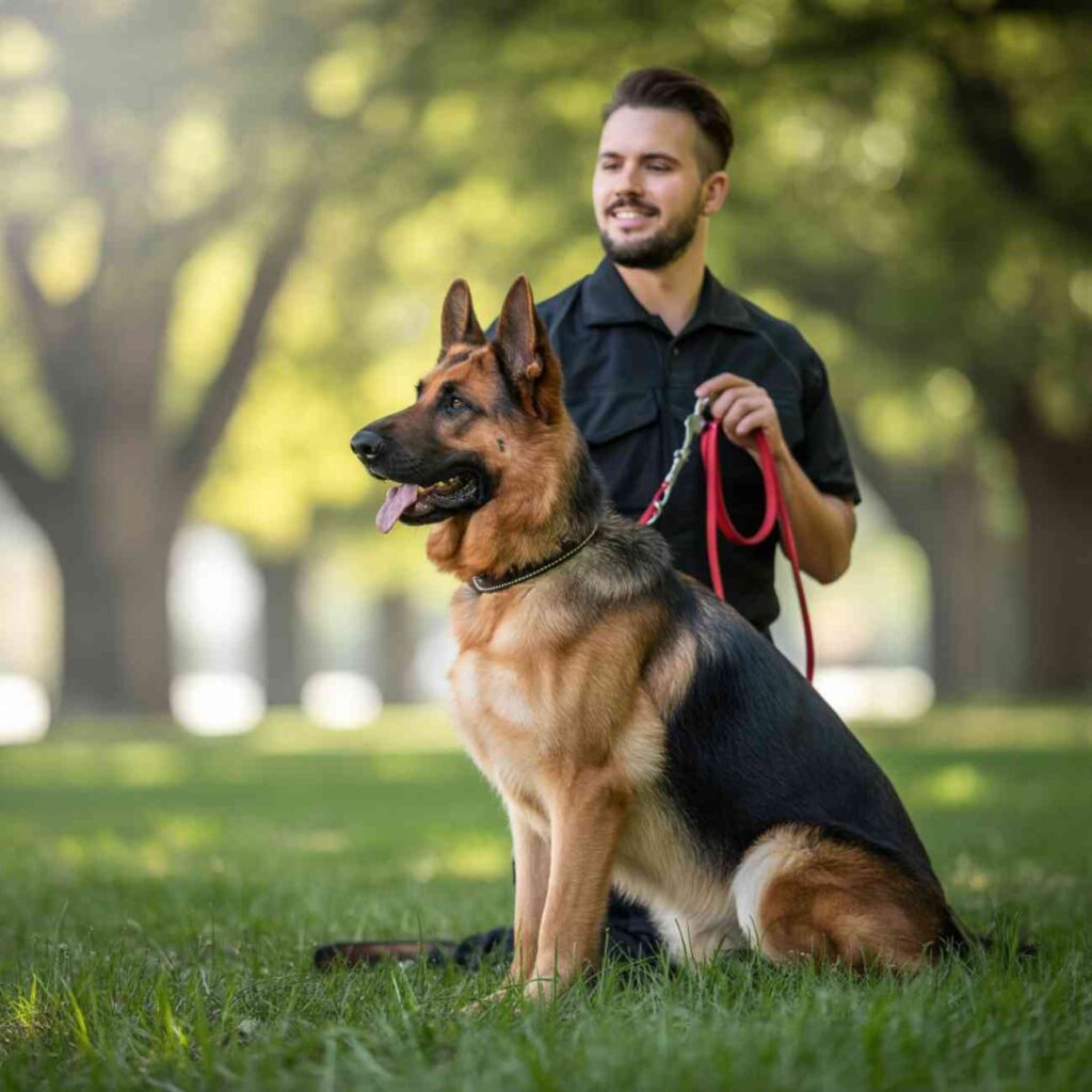Berger Allemand assis calmement dans un parc, tenu en laisse par son maître souriant