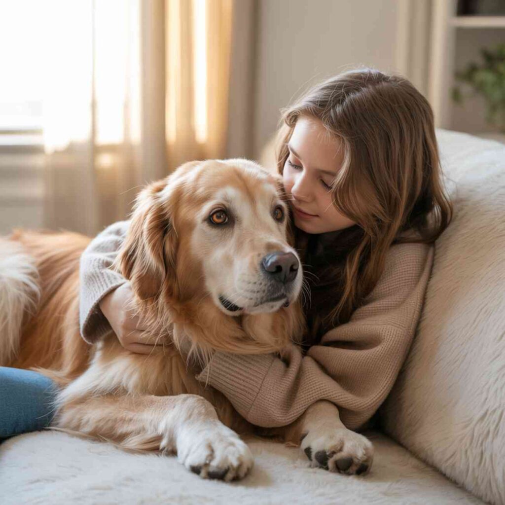 Jeune fille enlacée tendrement avec un Golden Retriever allongé sur un canapé