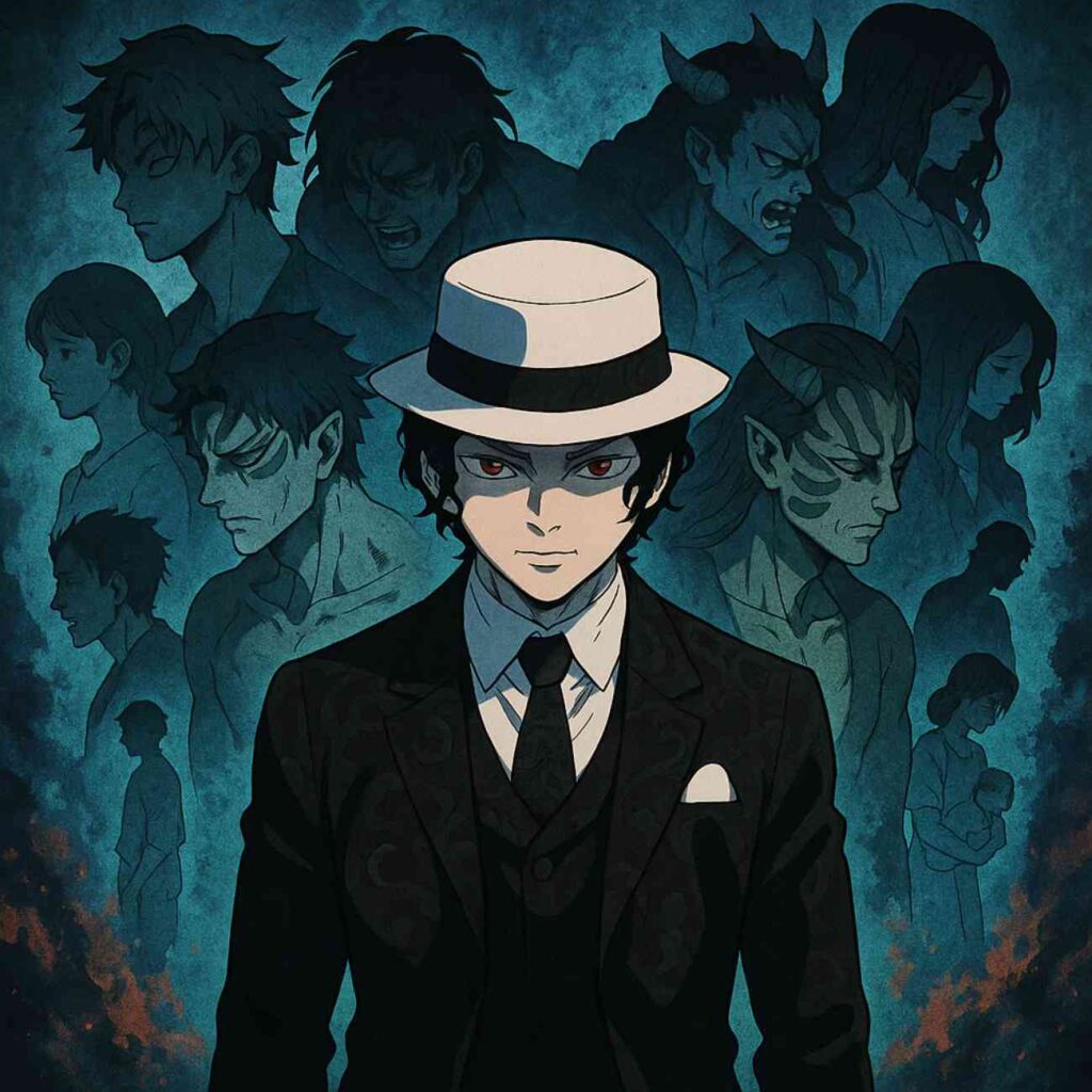 Muzan Kibutsuji, en costume sombre et chapeau blanc, entouré de silhouettes de démons projetant leurs vies humaines passées, ambiance sombre et mélancolique.