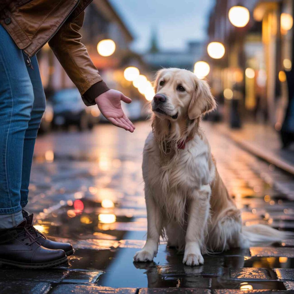 Un chien assis sur une rue pavée mouillée, observant une main tendue vers lui, de nuit sous les lampadaires.