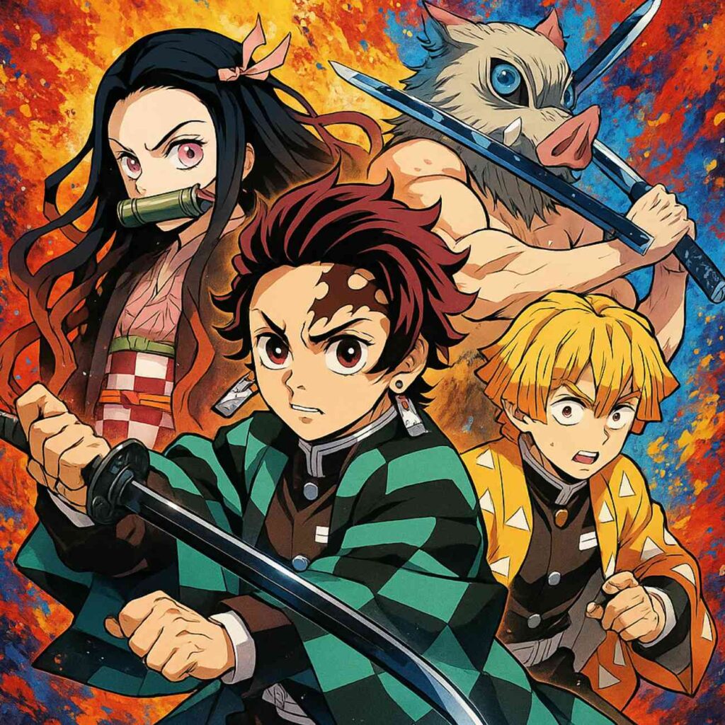 Tanjiro, Nezuko, Zenitsu et Inosuke en pose de combat sur un fond explosif de couleurs vives, style manga promotionnel Demon Slayer.