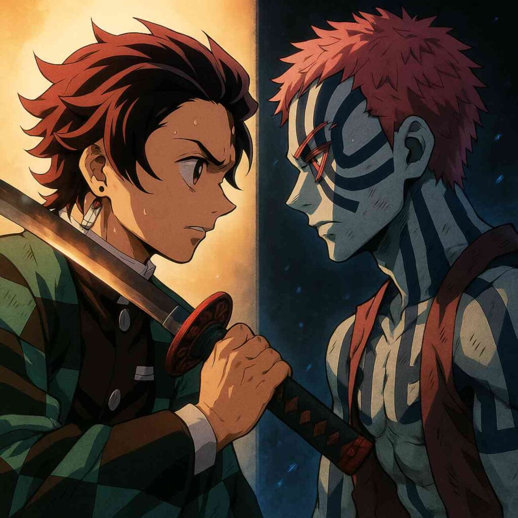 Tanjiro Kamado tenant son sabre face à Akaza, dans un duel intense marqué par un contraste de lumière et d’ombre.