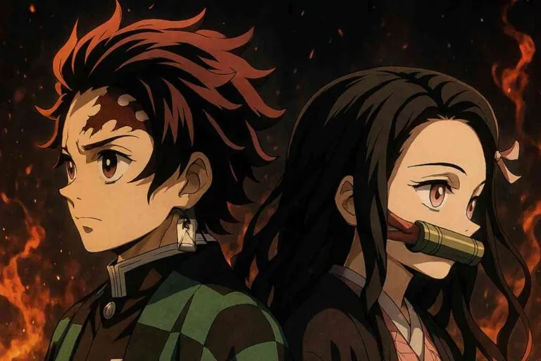 Tanjiro Kamado et Nezuko Kamado dos à dos, entourés de flammes, déterminés et silencieux, style anime de Demon Slayer.