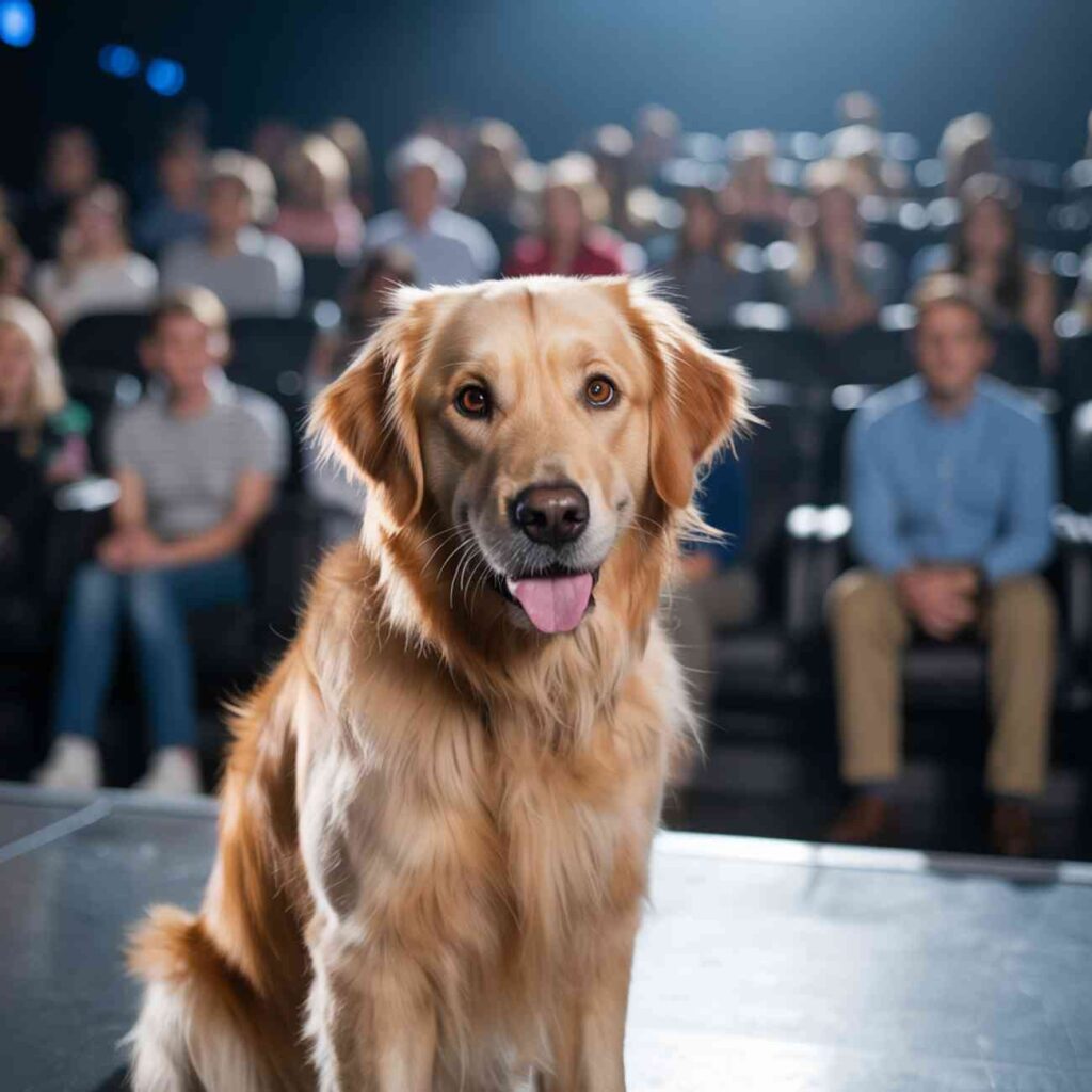 Golden retriever assis sur scène, face à un public attentif dans une salle obscure.