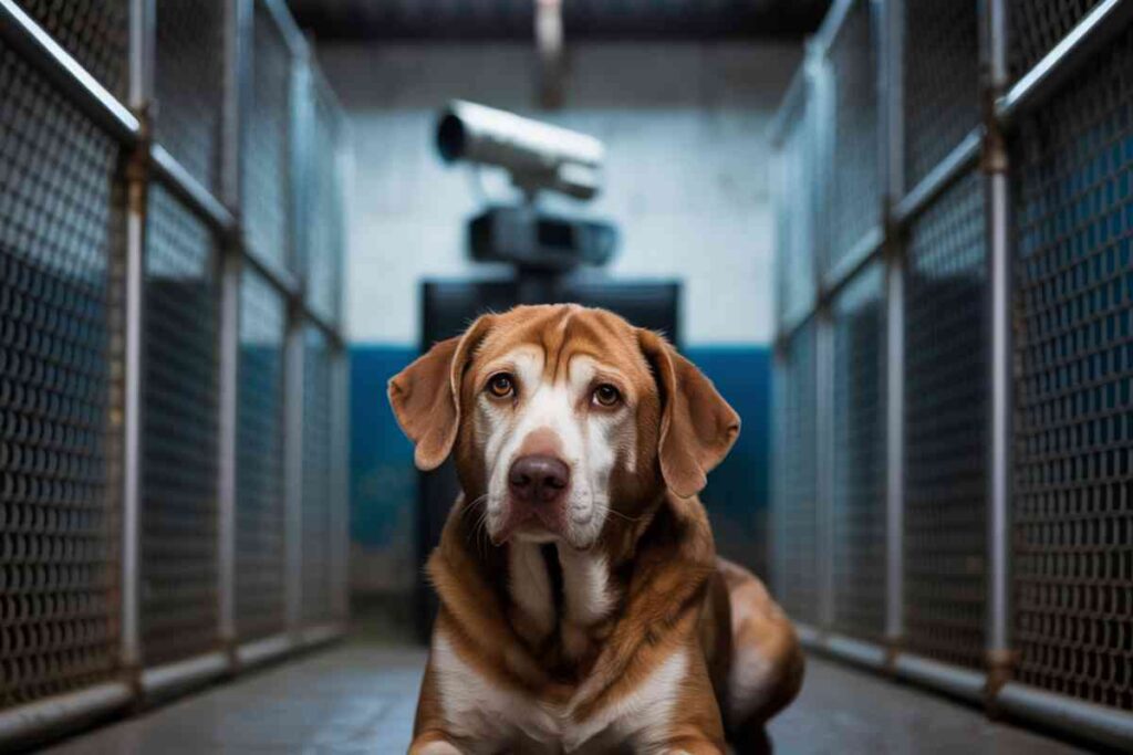 Chien assis dans un box de refuge, regard triste, avec une caméra de surveillance en arrière-plan.