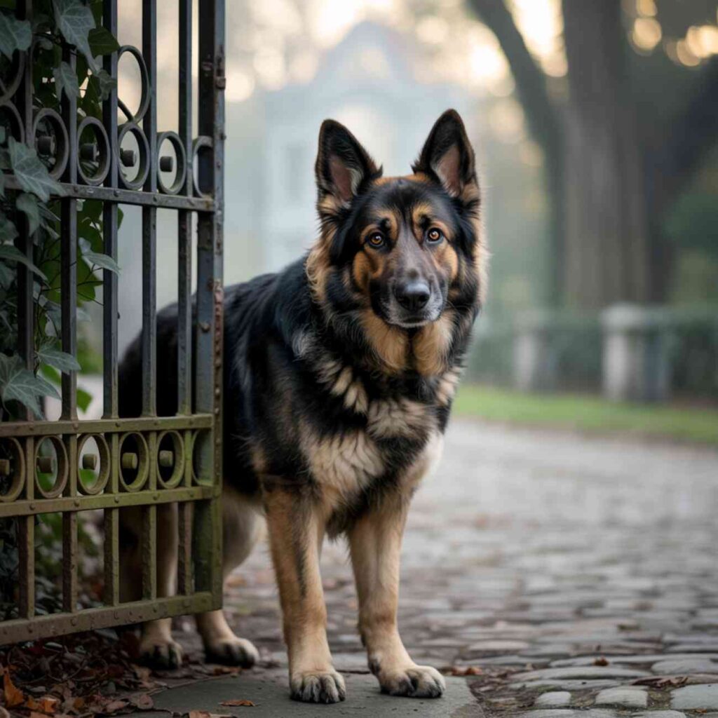 Chien type berger allemand, debout devant un portail en fer ouvert, sur une allée pavée.