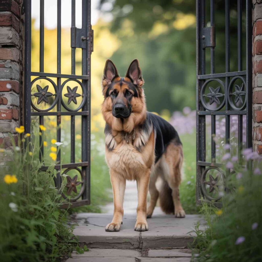 Berger allemand debout devant un portail en fer ouvert, dans un jardin fleuri en été.