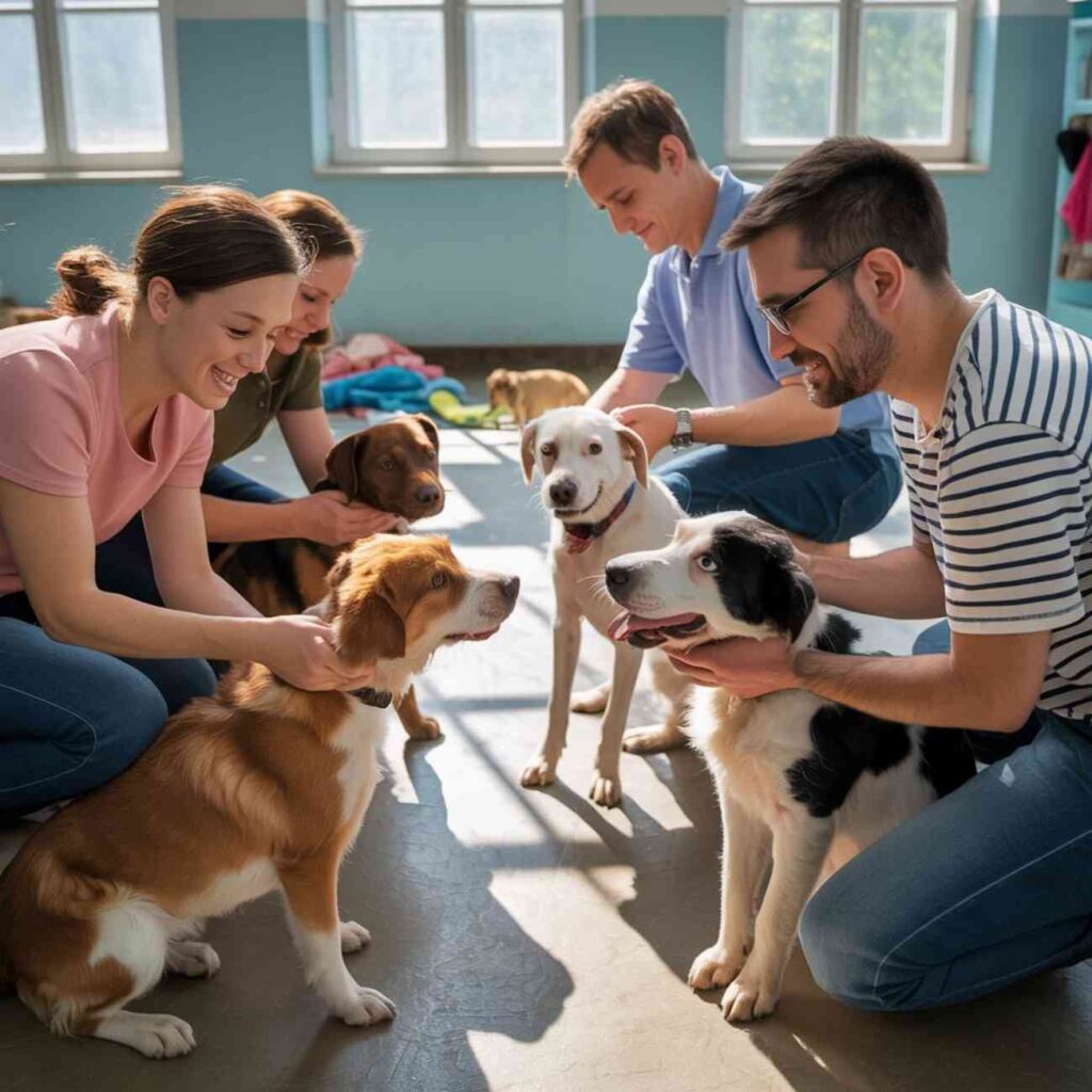 Groupe de bénévoles souriants caressant et s’occupant de plusieurs chiens dans un refuge lumineux.
