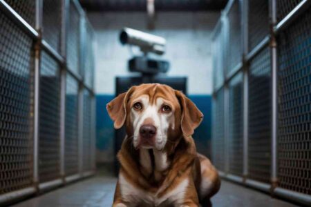 Chien assis dans un box de refuge, regard triste, avec une caméra de surveillance en arrière-plan.