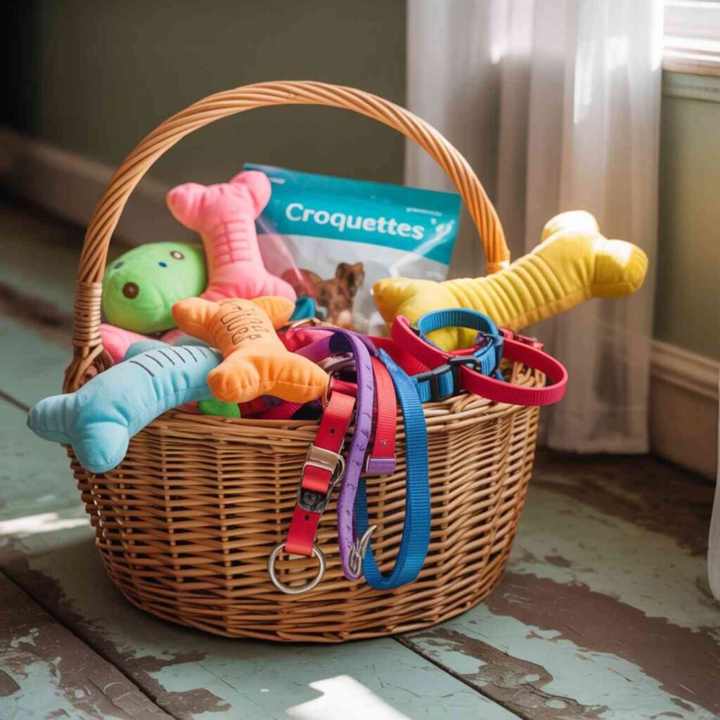 Panier rempli de jouets colorés, colliers et friandises pour chiens et chats.