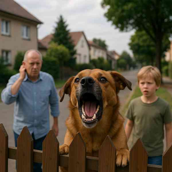 Un chien aboie vivement derrière une clôture en bois, sous le regard inquiet d’un enfant et d’un homme dans une rue résidentielle.