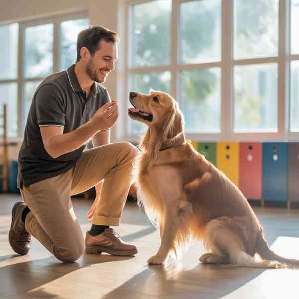 Un homme souriant dresse un golden retriever assis en lui donnant une friandise dans une salle lumineuse.