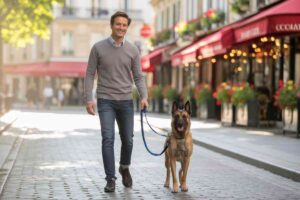 Un homme souriant promène son chien en laisse dans une rue pavée bordée de cafés et de terrasses fleuries en ville.