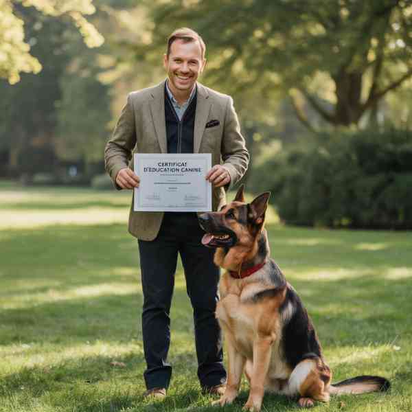Un homme souriant tient un certificat d’éducation canine aux côtés de son berger allemand assis dans un parc.