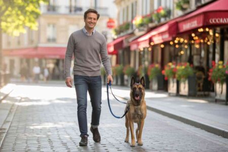 Un homme souriant promène son chien en laisse dans une rue pavée bordée de cafés et de terrasses fleuries en ville.