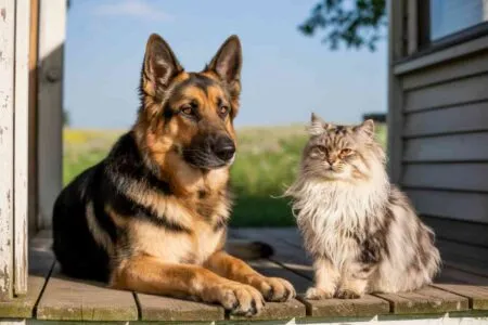 Chien berger allemand et chat persan côte à côte sur un perron en bois, regardant au loin.