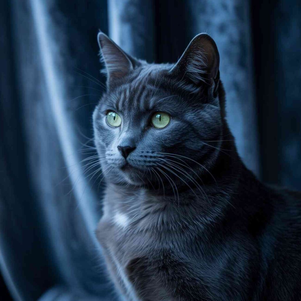 Chat gris aux yeux verts lumineux, observant par une fenêtre dans une lumière bleutée.