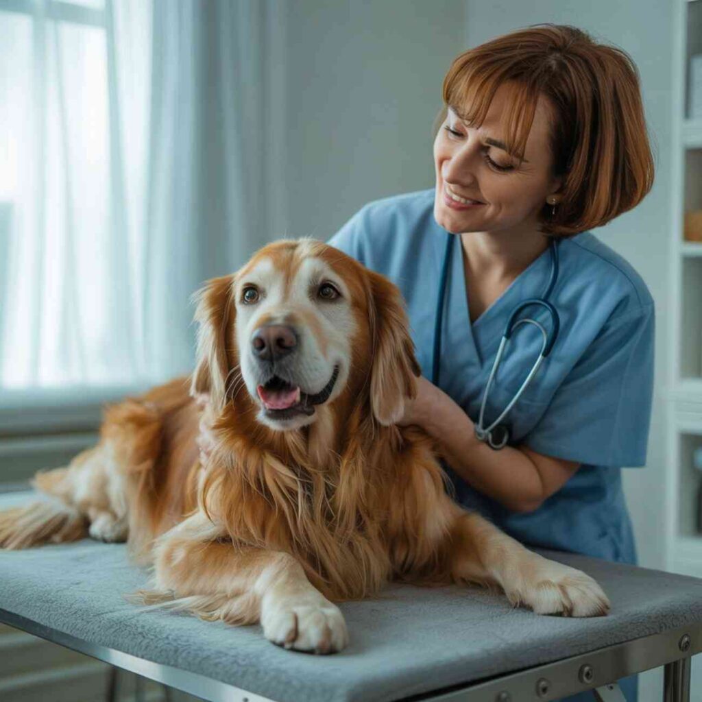 Vétérinaire souriante examinant un golden retriever allongé sur une table de consultation.