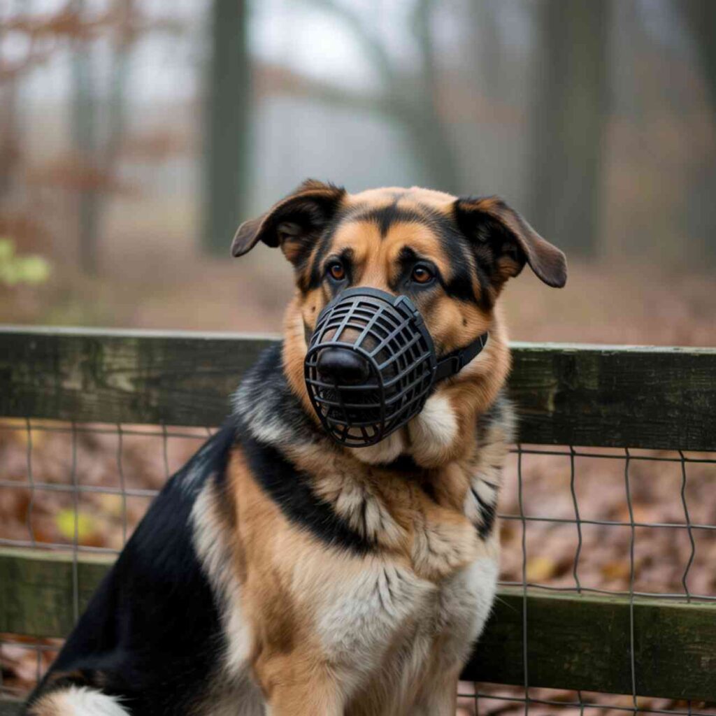 Chien de type berger allemand portant une muselière noire, assis devant une clôture en bois et grillage, dans un environnement forestier brumeux.
