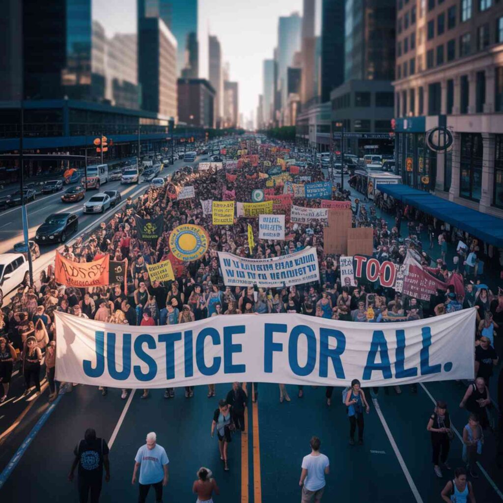 Grande manifestation dans une ville, foule dense tenant des pancartes et une banderole géante “Justice for all.