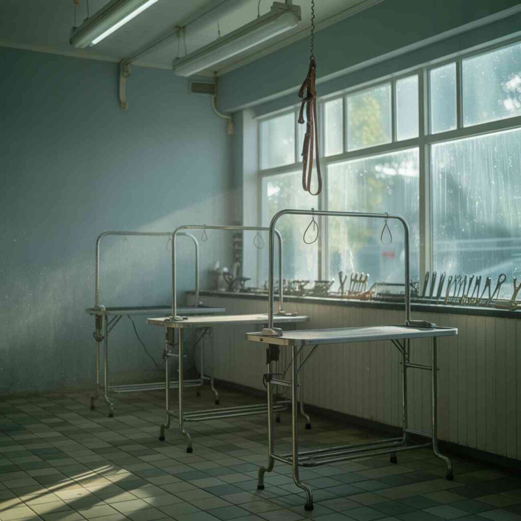 Salle de toilettage ou clinique animale vide, avec des tables métalliques alignées et un collier suspendu au plafond, dans une lumière froide.