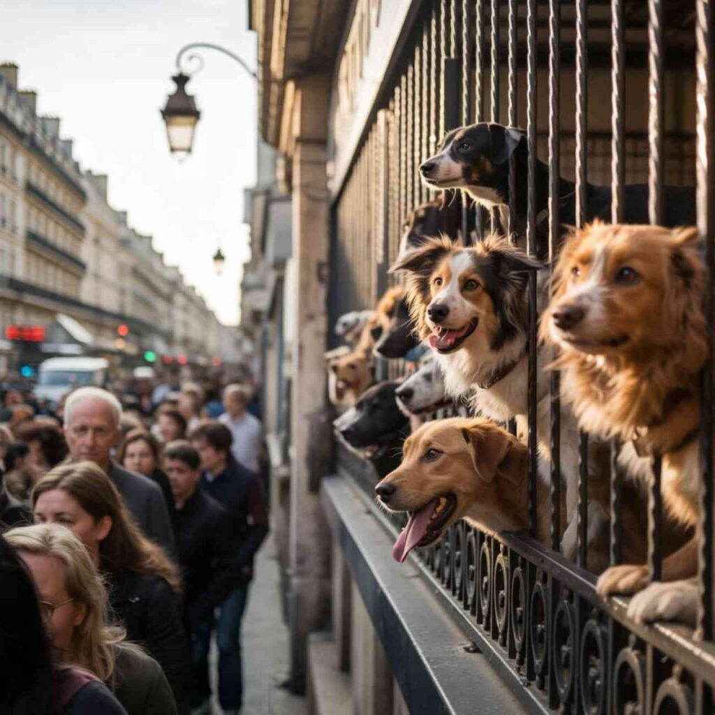 Plusieurs chiens derrière une grille en fer regardant la rue bondée de passants indifférents dans une ville animée.