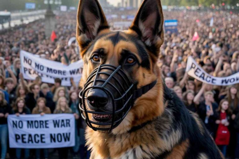 Chien de type berger allemand portant une muselière, au premier plan d’une manifestation avec une foule brandissant des pancartes pour la paix.