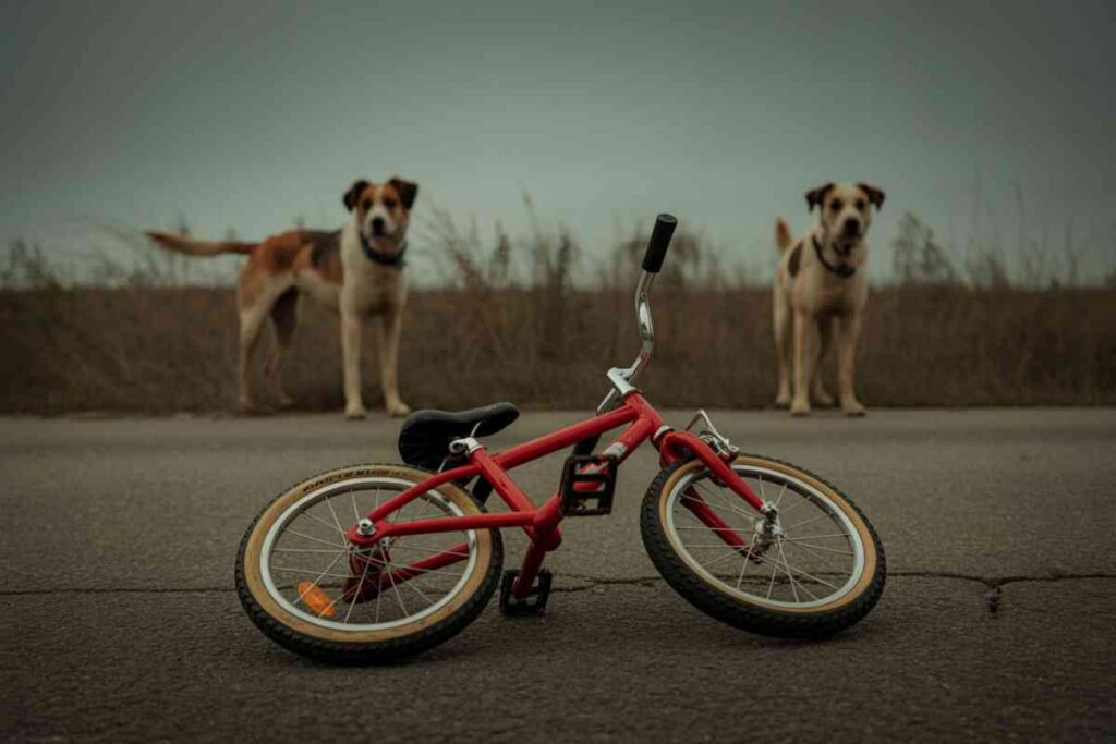 Un vélo d’enfant abandonné au sol devant deux chiens, image symbolique d’une attaque à Milhaud dans le Gard.